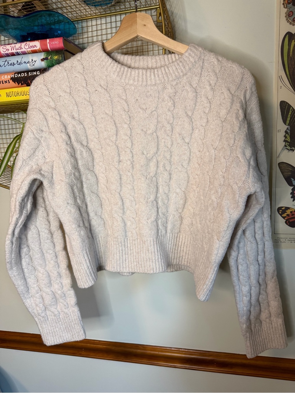 Cream Cable-Knit Crewneck Sweater size Small